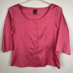 Eileen Fisher 100% Silk Blouse Size Med Coral 3/4 Sleeve Button Up Dressy Party